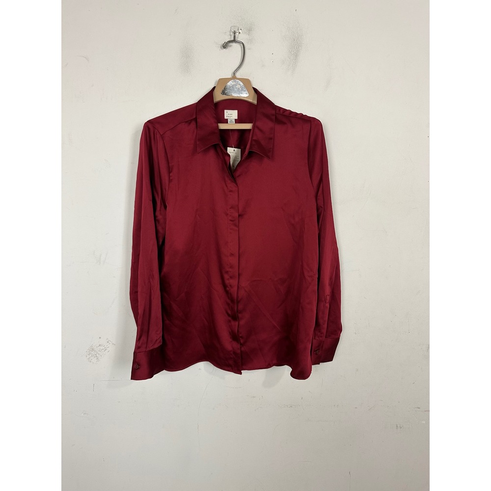 A New Day Womens XL Burgundy Red Satin Long Sleeve Button Down Blouse NWT